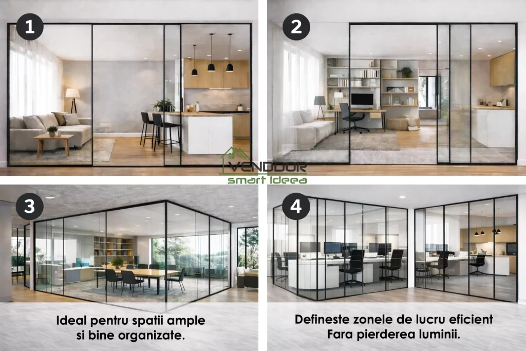 Compartimentare din sticla pentru birou, folosita pentru delimitarea salilor de meeting si a zonelor de lucru, cu pastrarea luminii si a continuitatii vizuale.