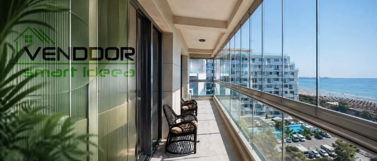 Inchidere balcon cu sticla glisanta, vedere panoramica la mare si ansamblu rezidential modern